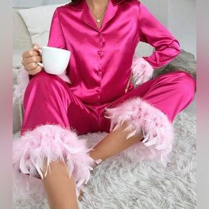 Fuzzy trim satin pj set w/ pants & shirt brand new